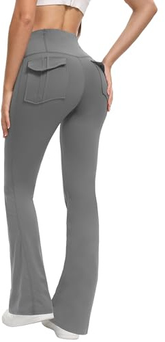 Shgiloo Flare Leggings for Women - Yoga Pants with Pockets, High Waisted Leggings, Soft Tummy Control Bootcut Workout Trousers Women Light Grey