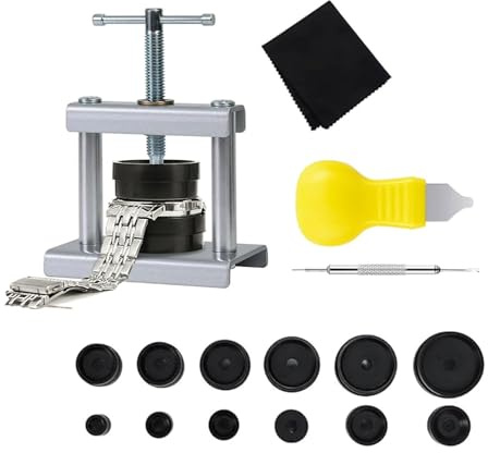 Voarge Klockpress set för klockreparation, klockverktygsset pressverktyg klockpress boettstängare med 12 tryckplattor plastinsatser, finmekaniker klockverktyg klocköppnare, silver