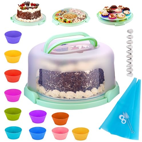 Layluu Cake Carrier with Cupcake Holder – All-in-One Cake Container for 10 Inch Cakes – Includes 11 Silicone Cupcake Moulds, Piping Kit & QR Guide – Portable Cake Storage & Transport Box
