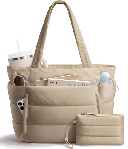 Bagstellar Puffer Tote Bag for Women, Lightweight Puffy Work Handbag Teacher Nurse Quilted Shoulder Bag for School Travel Gym