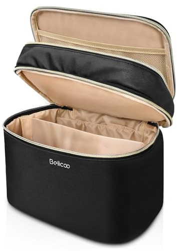 BELICOO Make up Bag, Large Double-Layer Travel Makeup Bag with Mirror, Removable Divider & Brush Compartment, Waterproof PU Leather Cosmetic Bags for Women Girls Travel Toiletry Accessories, Black