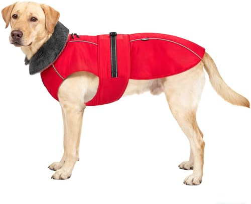 Dog Coat Warm Dog Winter Coat Waterproof Dogs Jacket with Harness Built in Reflective Pet Fleece Vest Zip-Up Cold Weather Coats for Large Dogs Turtleneck & Windproof Coats (Red, M)