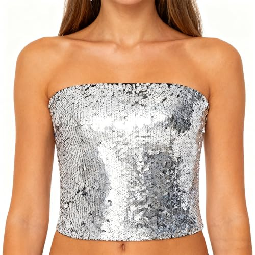 Women's Silver Sequin Top, Aesthetic Strapless Crop Sparkly Tops with Elasticity, Practical Silver Top, Sleeveless Suitable for Night Parties Clubwear Gatherings