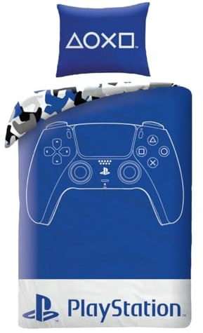 PlayStation barnsängkläder set - påslakan 140 x 200 cm + örngott 70 x 90 cm - 100 % polyester mikrofiber - design PS5 handkontroll