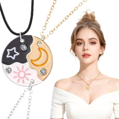 YAZWUR 3 PCS Collana Amicizia per Ragazze e Donne Magnetica Puzzle con Ciondoli Sole Luna e Stella Bff Friends Regalo (Tre Colori)