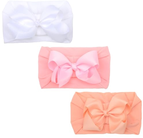 Confezione da 3 cerchietti per capelli con fiocco in morbido nylon, per neonati da 0 a 3 mesi, graziosi accessori per capelli in bianco, rosa e germogli di neve