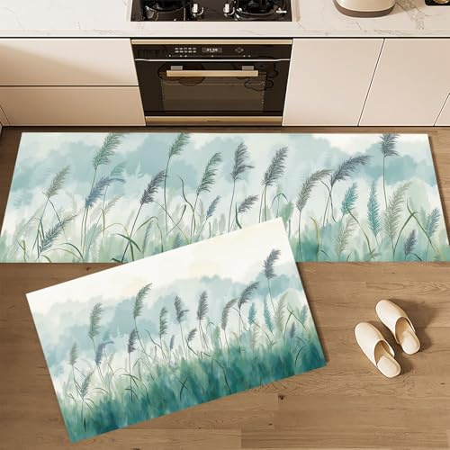 Set di 2 tappeti da cucina Acquerello sognante canne ondeggianti, tappetini da cucinas per la decorazione della casa e l'ufficio, impermeabili, antiscivolo(45x75+45x150cm)