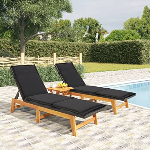 RMIHSJG 2 Lettini prendisole con cuscini in polyrattan e legno massello di acacia per giardino, terrazza, piscina, schienale regolabile, resistente alle intemperie, mobili da esterno
