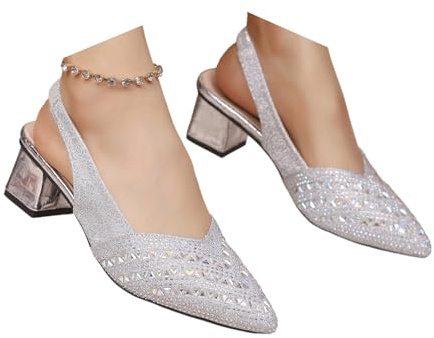 VerverSenceiy Sandali da donna con tacco basso e punta affusolata in cristallo, eleganti scarpe da lavoro, tacco squadrato, elastico sul tallone, sandali da sera e da ballo (Argento,38)