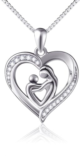 Flyow - 925 sterling silver hjärthänge för mor och barn halsband med delikat kubisk zirkonia, silverkedja, 45 cm, 45,7 cm, Sterlingsilver, Kubisk zirkon