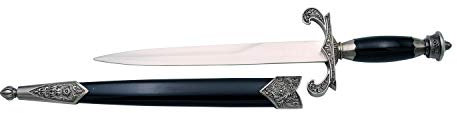 AMONT Dolch Mittelalterliches 16239, nickelfarbener Knopf und Schutz, schwarzer Griff, Länge 35,5 cm mit Stahlblatt, Schwarze Hülle mit nickelfarbener Oberfläche.