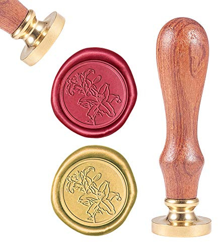 CRASPIRE Vaxförsegling stämpel, tätning av vaxfrimärken grönsk lilja blomma retro trästämpel vaxtätning 25 mm avtagbar mässingstätning trähandtag för kuvert inbjudningar bröllop utsmyckning flaskdekoration