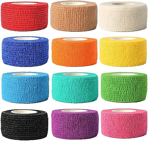 (12-Pack) 1” x 5 Yards | Self Adhesive Bandage Wrap, Kuvvfe Athletic Elastic Cohesive Bandage for Sports Injury,Strain,Knee & Wrist,Ankle Sprains & Swelling First Aid