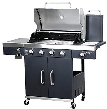 FRYH BBQ Parrilla de Gas Propano Parrilla de Barbacoa de Gas de 4 Quemadores con Quemador Lateral Infrarrojo TRU/Pantalla de Temperatura/Abrebotellas / 4 Ruedas con Cerradura