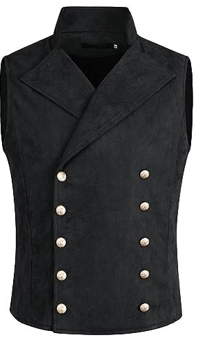 Allthemen Herren Weste mit Stehkragen Anzugweste Zweireihig Westen Gothic Vintage Vest Steampunk Hochzeit Party Schwarz L