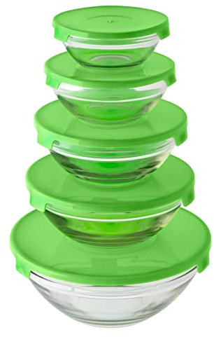 MantraRaj Round Clear Glass Serving Bowls Food Storage Containers - with Coloured Lids - Designed for Storing, Mixing, Meal Prep, Leftovers & Baking Salad Dessert Serving (Green Lid)
