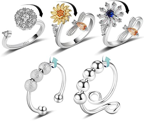 ZHOUJIE 5 st spinner-ringar för kvinnor män spinner fidget ringar för ångest justerbar kubisk zirkonia blomma fjäril solros pärla stressavlastning stapelbar ring set, Kubisk zirkonia