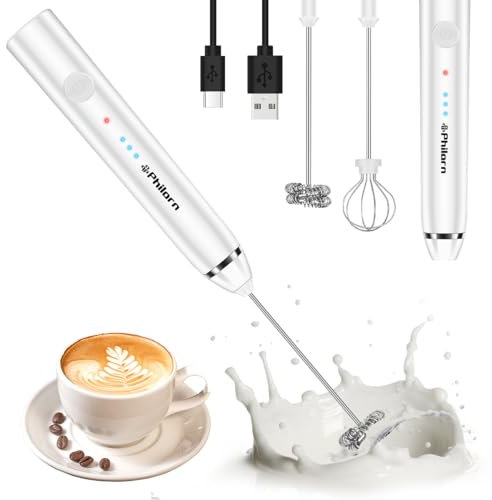 Philorn Milchaufschäumer Stab, Milchaufschäumer Elektrisch Stab Hand Held, 3-Gang USB-C Aufladbar Aufschäumer, Manuelle Milchschäumer für Kaffee/Latte/Cappuccino/Eier Schlagen (Weiß)