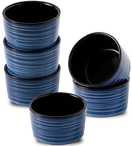 Tikooere Ceramic Ramekins 6 oz, Oven Safe Souffle Dish Set of 6 for Baking, Porcelain Dipping Sauce Bowls for Creme Brulee,Stackable Custard Cups for Pudding, Ice Cream, Lava Cakes, Blue