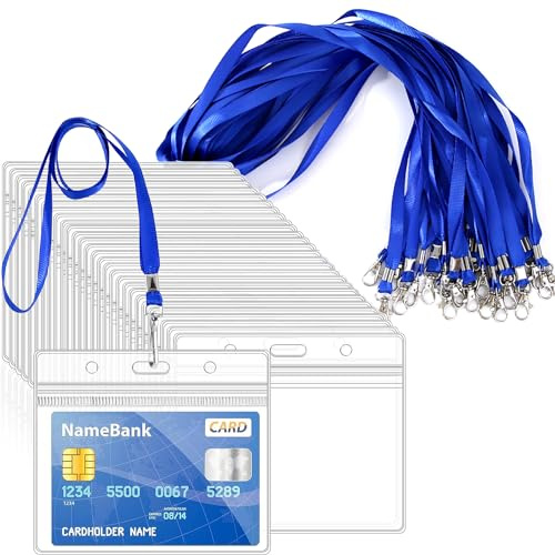 50pcs Blue Lanyards for Neck with Clear Plastic ID Card Holders | Horizontal Sealable Waterproof Name Badge Holders with Nylon Lanyard for ID Cards Office School Bus Passes Doctors Visitors