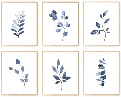 Navy Blue Botanical Wall Art Set of 6 Unframed, Minimalist Abstract Botanical Prints Watercolor Blue White Leaf Plant Wall Decor Canvas Painting, Boho Floral Botanical Wall Decor for Bathroom, Living Room