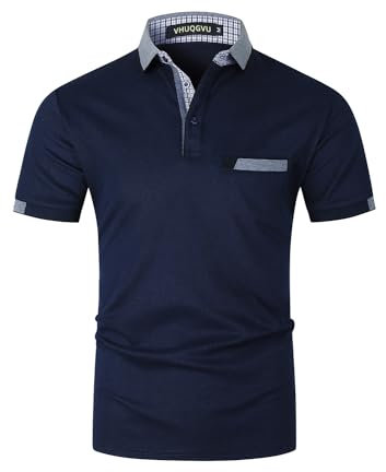 VHUQGVU Poloshirt Herren T Shirts Männer Kurzarm Baumwolle Hemd Klassisch Plaid Polos Kontrastfarbe Ausschnitt T-Shirt Sommer,Blau Y24,L