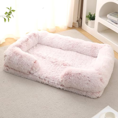 ZHULONGRUSHUI Panier pour Chien Dehoussable et Lavable,Lit pour Chat Orthopedique,Couverture de Protection pour Canapé,Bords Rehaussés,Coussin Chien Anti Stress Doux et Moelleux (80X53X15cm,Rose)