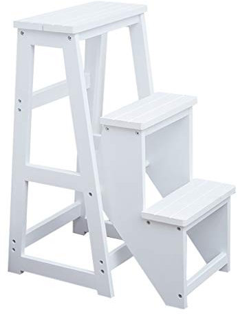 LANAZU Tritthocker aus Holz, Haushaltsleiter-Pflanzenständer für den Innenbereich, multifunktionaler Klapp-Tritthocker, geeignet für Wohnzimmer und Balkon (White)