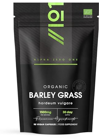 Organic Barley Grass 1500mg – 90 Vegan Capsules – Rich in Amino Acids – High Strength Hordeum Vulgare Supplement – Resealable and Recyclable Pouch – By Alpha01
