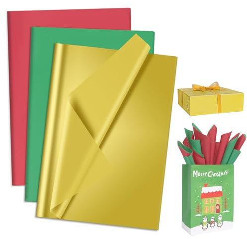 Larcenciel 60 Fogli Carta Velina Natalizia, Carta Velina per Imballaggio Rossa Verde e Oro, Carta Regalo Classica in Tinta Unita per Decorazioni Natalizie, Festa, Compleanno, Matrimonio, DIY, 50x35cm