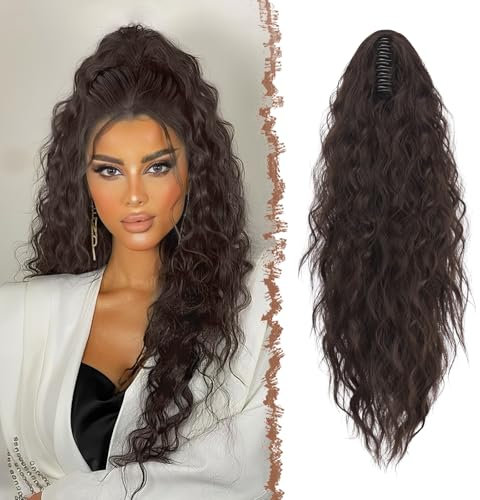 FESHFEN Coleta Postiza Pelo Natural con Pinza Cola Postiza Largo Ondulado Rizado Marrón Oscuro Sintética Extensiones Coleta Postizos para Mujeres, 65 cm