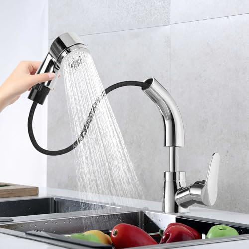 Mitigeur de Cuisine Extractible,2 Modes de Pulvérisation Robinet Cuisine avec Douchette Extractible,Robinet d'Évier de Cuisine Rotatif à 360 pour Évier Cuisine ou Lavabo,Froid&Chaud Disponible,Argent