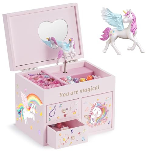 Lolalet Boîte Bijoux Enfant Licorne, Boite à Bijoux Musicale Filles, Boîte Musique Bois, pour Ranger Colliers Bracelets Bagues Montres -Rose