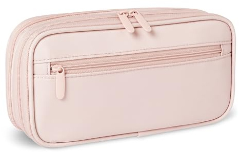 Amazon Basics Astuccio Multi-Scomparto, Portapenne Grande Capacità per Scuola e Ufficio, Taglia L, Tinta Unita Rosa Tenue