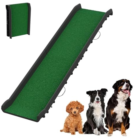 ORHEYA Hunderampe klappbar mit Kunstrasen, Hundeautorampe rutschfeste Einstiegshilfe bis 90 kg, Hundetreppe für Große & Kleine Tiere, Auto Kofferraumrampe Hunde-Treppe, 156 x 40 cm Grün
