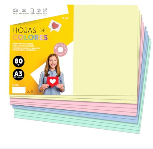 Färgglatt papper A3 80 g för skrivare och hantverk, färgade blad för barn, kreativa projekt, kort och skola, M-kontor (50 ark, sorterad pastell)