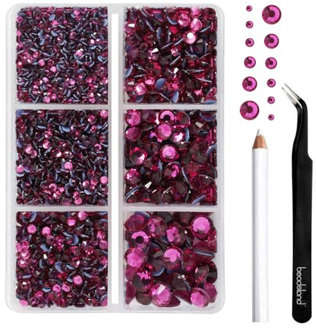 BEADSLAND Strass Termoadesivi, 4000 Pezzi Strass Hotfix Rosa Caldo per Abbigliamento Artigianato Misto 6 Dimensioni con Matita di Cera e Kit Pinzette, SS6-SS30, Fucsia