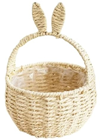 Cestini pasquali per bambini, in rattan, con fiori, in rattan, fatti a mano, con manico, cestino per la caccia alle uova di Pasqua (B, bianco, taglia unica)