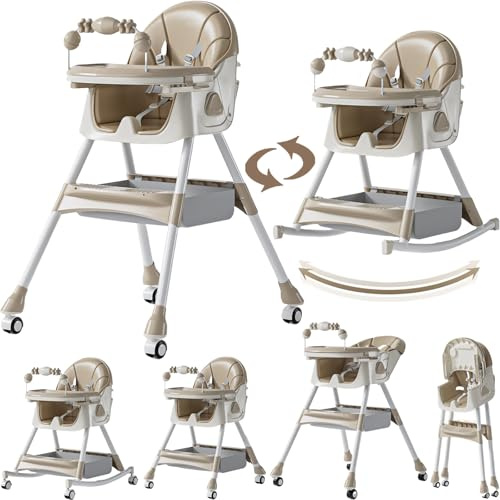 Magic ZC Seggiolone per Bambini Sedia da Pranzo per Multifunzionale Pappa con modalità oscillazione e Schienale regolabile a 3 velocità con Doppi Vassoi Staccabili e Ruote (560 Khaki)