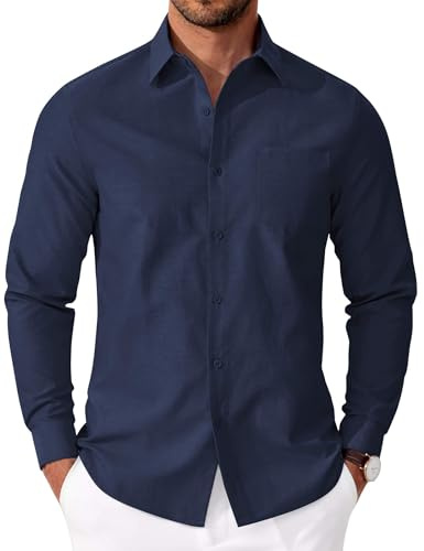 COOFANDY Camisas Hombre Manga Larga Oxford Camisa Regular Fit Camisa de Negocios de Algodón Camisa Casual sin Plancha con Bolsillo BLU Marino L