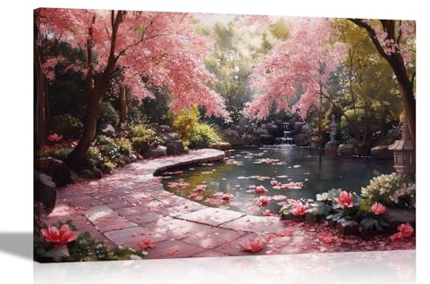 Artley Prints - Japanese Style Summer Garden Pond Pink Trees Canvas Wall Art Prints Framed Pictures for Living Room Bedroom Home Extra Large 101 x 76cm (40 x 30 inches)