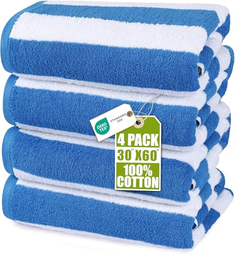 Utopia Towels Pack of 4 Cabana Beach Towels, Oversized 30 x 60 Inches Cotton Beach Towel Set, Smooth Ring Spun Texture for Pool and Swim Days, Modern Striped Design Bath Towels, Blue