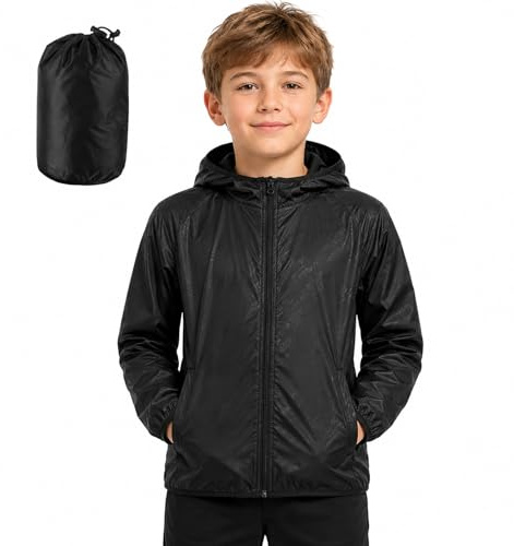 Kids Waterproof Jacket – Lightweight Packable Raincoat for Boys & Girls, UPF 50+ Sun Protection with Carry Pouch – Ideal for Hiking, Camping & School (UK, Age, 12 Years, 14 Years, Regular, Black)