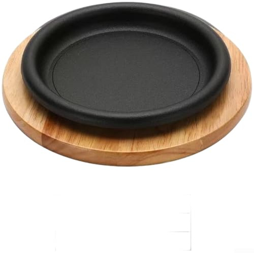 Grillpanna rund Teppanyaki-panna med träunderlägg | Jämn värmefördelning och platt botten för induktions- och gasspisar inklusive träbräda.