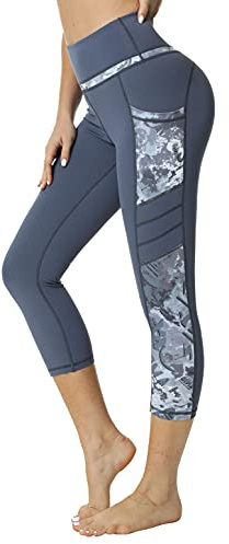 Flatik Leggings deportivos para mujer, cintura alta, con bolsillos, opacos, para gimnasio, capri, Deep Blue/029print, XS