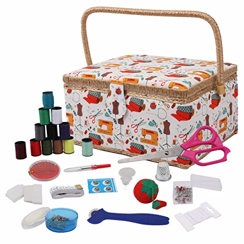 Sewing Basket, Classic Fabric Design Sewing Kit Accessories Large Sewing Box Sewing Supplies Organizer and Storage Portable Sewing Kit Embroidery Box, 12.2 x 9.06 x 6.69 in（Big/Sewing Theme White）