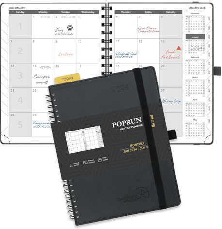 POPRUN Kalender 2024 2025 Monatsplaner 22 x 16,5 cm Auf Englisch - 18 Monate Monatskalender Ringbuch (Jan 2024 - Jun 2025) - 1 Monat 4 Seiten, 112 Seiten, 100 GSM Papier, PU-Leder - Schwarz