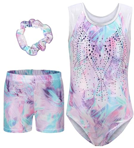 SEAUR Mädchen Turnanzug Turnshorts Haarband Set Kinder Turnen Trikot Shorts Gymnastik Ärmellos Gymnastikanzug Tanzen Kleidung 7-8 Jahre