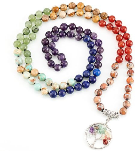 PH Pandahall 7 chakra 108 mala Collana con Perle, Collana con Bracciale Avvolgente con Perline Da 8 mm, Collana con Pendente Albero Della Vita In Pietra Naturale Mista Da 103.8cm con Catena di Perline