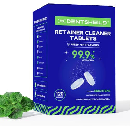 DENTSHIELD Retainer Reinigungstabletten 120 Tabletten,Zahnspangenreiniger Tabs Minzig Frisch, Gebissreiniger Tabs 4 Monate Vorrat,Retainer Reiniger Tablette Halten Sie Ihre Retainer und Fleckenfrei